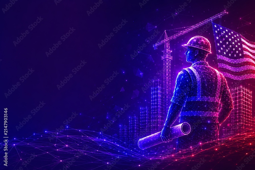 Naklejka premium Construction worker holding blueprints in front of glowing american flag with crane silhouette.labor day usa hard hat construction blueprint industry engineer.labor day usa