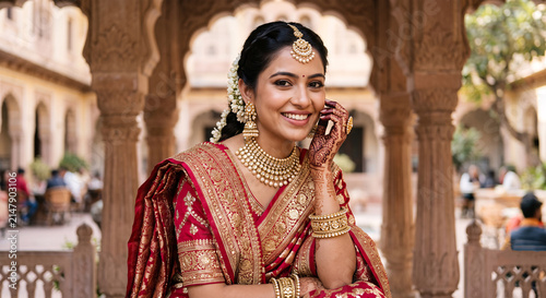 Portrait of beautiful smiling Indian bride in traditional red lehenga and golden jewelry outdoors