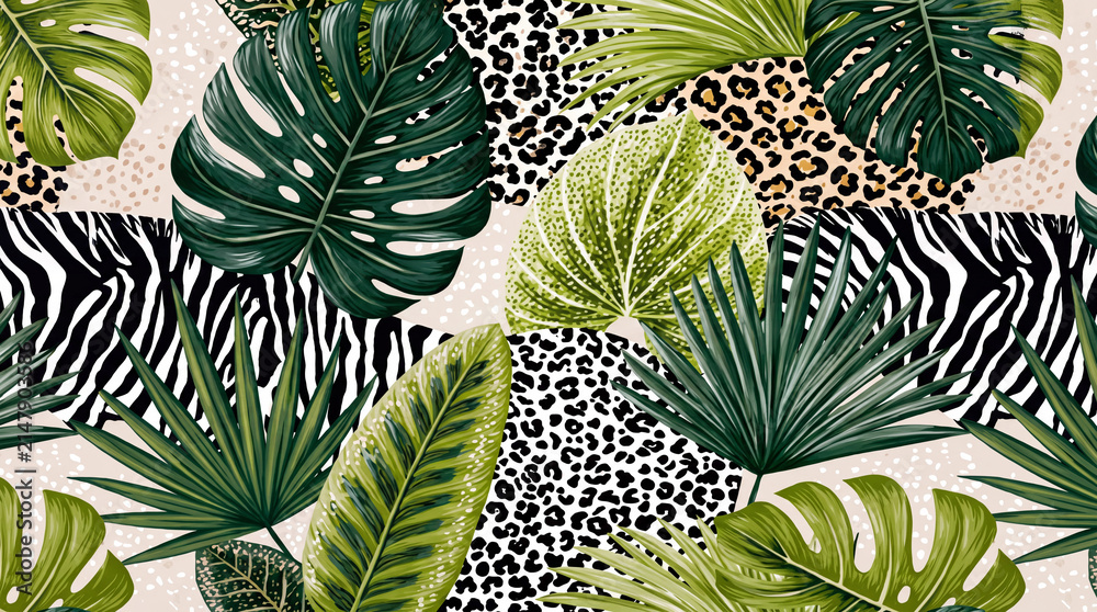 Obraz premium Vibrant tropical monstera and palm leaves layered with bold leopard spots and zebra stripes on a soft beige background in modern boho style