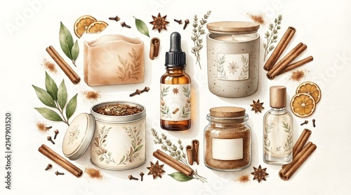 Cinnamon Wellness And Aromatherapy Products Botanical Watercolor Set