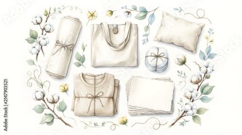 Natural Cotton Plant Eco Lifestyle Collection Botanical Illustration