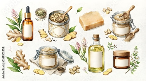 Handmade Ginger Spa And Beauty Products Watercolor Flat Lay Set