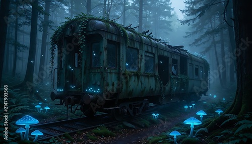 Abandoned vintage train in mystical forest, overgrown rusty railway carriage with glowing blue mushrooms, eerie cinematic woodland landscape with bioluminescence