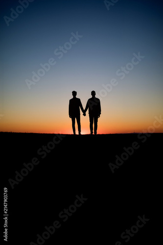 A couple of men stands hand in hand against a stunning sunset, silhouettes outlined by the fading light. Generative AI.