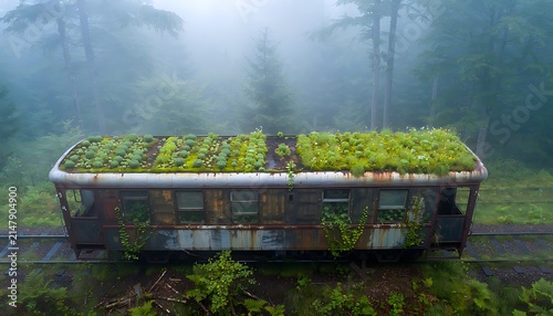 Abandoned vintage train car in misty forest, rusty locomotive reclaimed by nature, overgrown railway carriage with green moss and plants