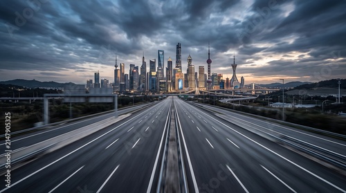 Dramatic sunset view over a modern city with empty highway lanes leading towards glowing urban skylines at dusk