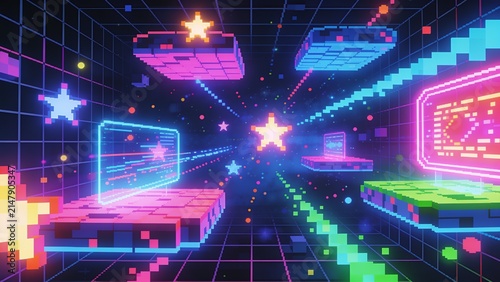 A glowing pixel universe filled with vibrant digital particles creates an immersive virtual world, blending colorful light, futuristic energy, and dynamic abstract technology into a captivating gaming