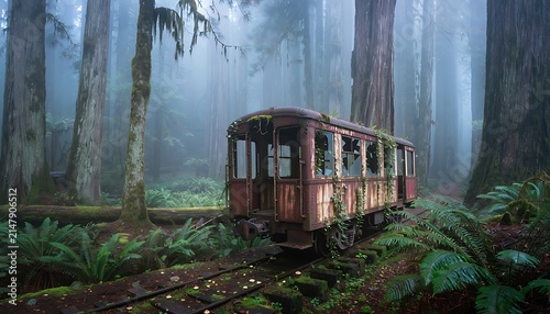 Abandoned vintage train car in a misty redwood forest, rusted antique railway carriage on overgrown tracks, eerie cinematic woodland landscape