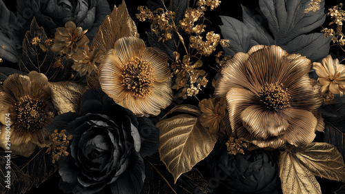 Luxury black and gold floral arrangement with metallic roses and ornate leaves on dark background