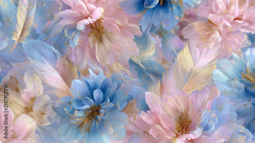 Soft pastel floral background with blue and pink peonies, gold accents and delicate feathers