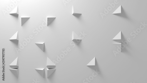 Minimal white wall featuring abstract geometric triangle paper folds that cast soft shadows, creating a clean monochrome pattern and subtle three-dimensional texture ideal for background. 3d render