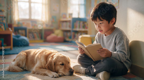 Adopted pets are protectors and friends, a poster of a native American boy reading a book aloud to his retriever, copy space about a dog therapist and school adaptation assistant