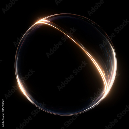 Glowing transparent glass sphere with golden light streak. Abstract spherical bubble on black background. Futuristic geometric 3D object concept