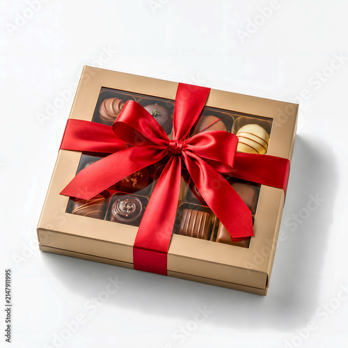 Gourmet chocolate box with red ribbon on neutral background  
