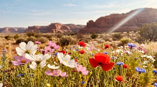 Vibrant Wildflowers Blooming in a Desert Landscape Under a Sunny Sky.