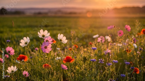 Vibrant Wildflower Meadow at Golden Hour Sunset.