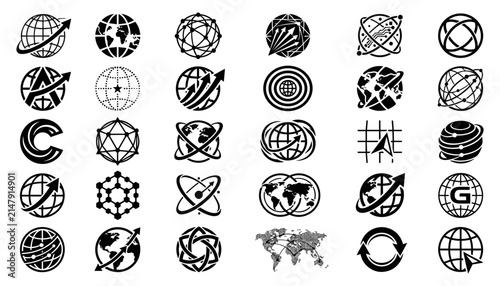 Bild auf Leinwand Globes with Various Designs and Symbols, Including Arrows, Maps, and Abstract Shapes, Forming a Diverse Collection of Icons