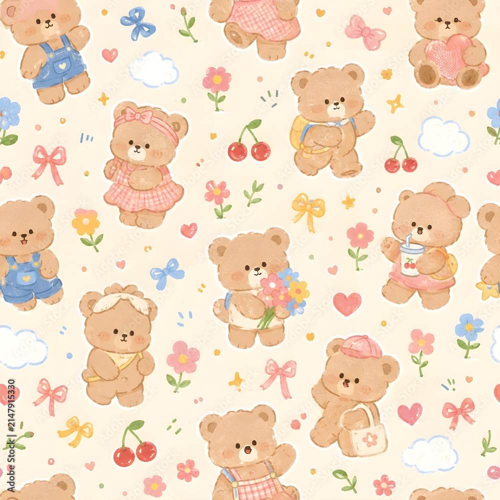 Fototapeta premium Cute Teddy Bear Seamless Pattern with Flowers, Bows and Hearts in Pastel Colors