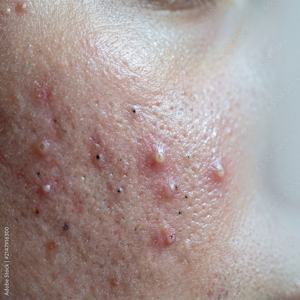 Fototapeta premium Macro portrait of acne skin texture showing pore structure and comedones.