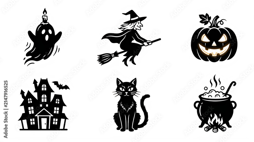 Fototapeta premium Set of six black and white pixel art halloween icons featuring spooky characters isolated on transparent background
