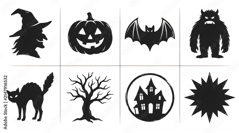 Fototapeta premium Collection of distressed halloween icons including a witch pumpkin bat and haunted house isolated on transparent background