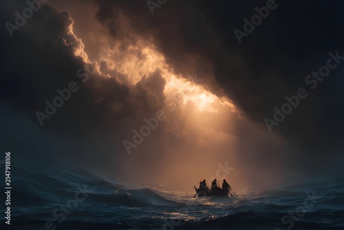 Small boat with three people struggling in a stormy sea under dramatic dark clouds with golden light breaking through