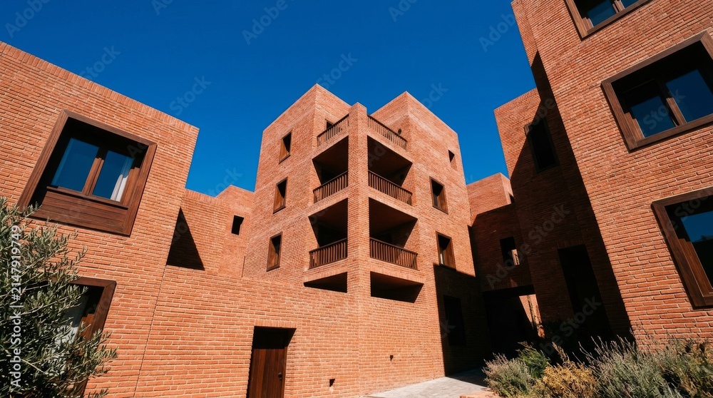 Fototapeta premium Modern residential apartment building with red brick facade against blue sky.
