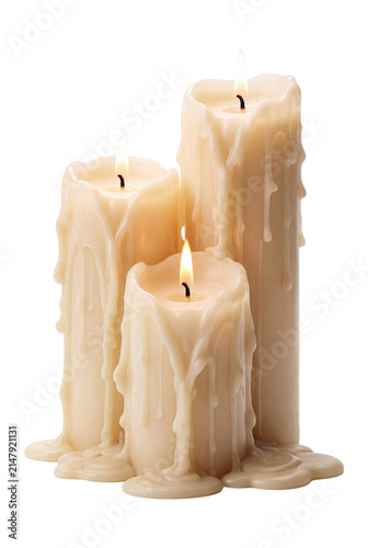 Fotografie Burning wax candles with dripping melt isolated on transparent background