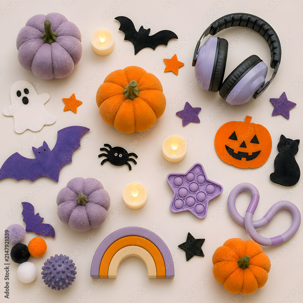 Obraz premium Colorful Halloween decorations with pumpkins, bats, and candles 
