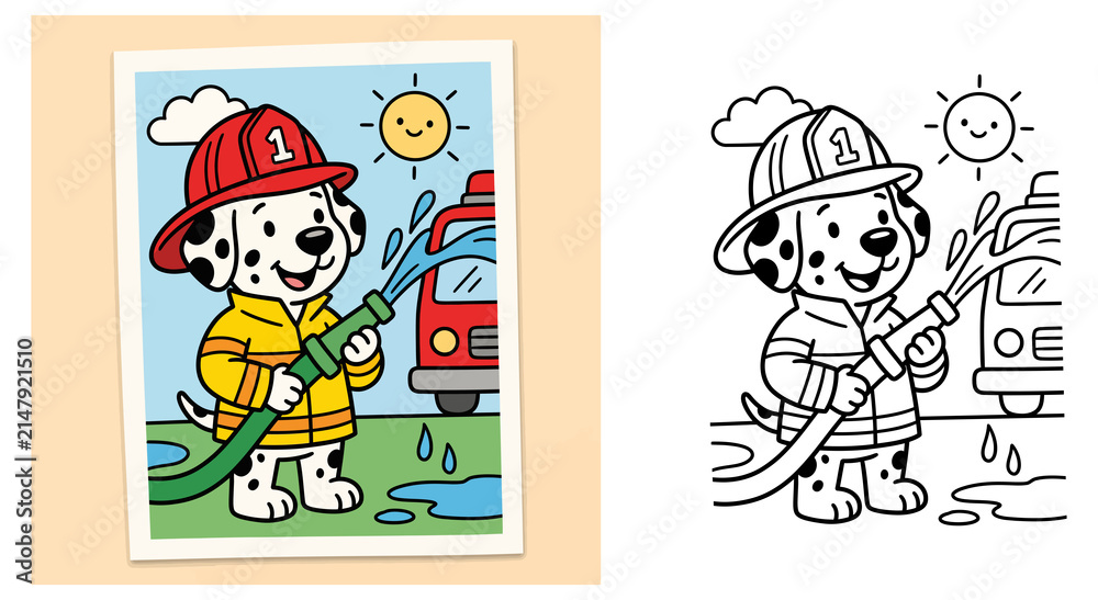 Fototapeta premium Cute Firefighter Dalmatian Dog Spraying Water Coloring Page Vector Illustration for Kids with Colored Sample and Line Art