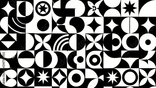 A striking black-and-white geometric pattern. It combines circles, half-circles, stars, and floral shapes in a bold Bauhaus style.
