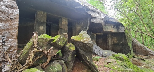 Exterior View of Ancient Rock Cut Facade and Wet Basalt Walls of Kuda Caves in Monsoon, Maharashtra