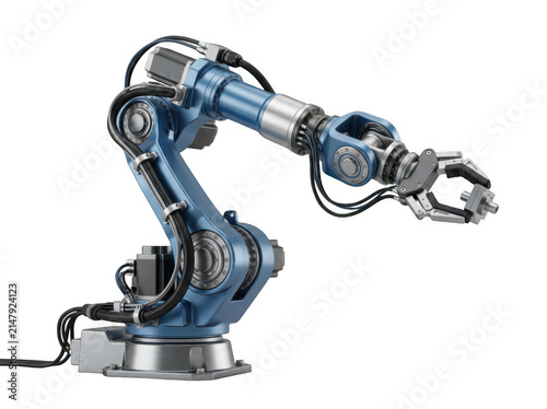 Industrial robotic arm isolated on white. Automated mechanical machine for manufacturing.