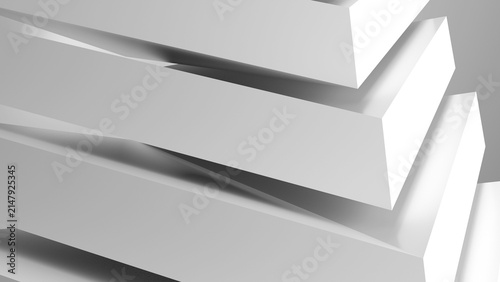 Minimal white geometric blocks stacked in layered steps create a modern abstract background with strong lines, depth and architectural form ideal for design presentation. 3d rendering illustration