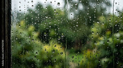 Raindrops streaming down windowpane overlooking lush green garden foliage during overcast gloomy weather seasonal atmosphere with captures raindrops trickling