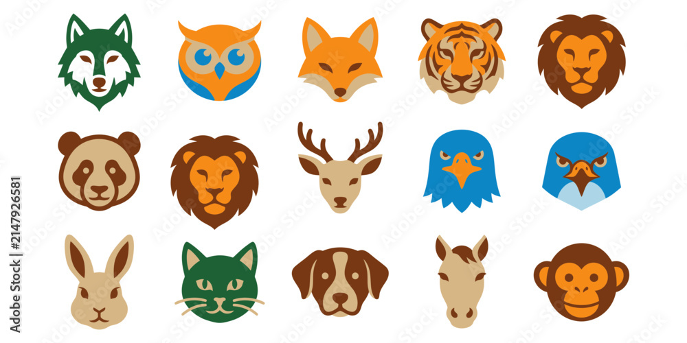 Fototapeta premium Animal Head Icons A Collection Of Flat Colorful Wildlife Illustrations On Black Background heads