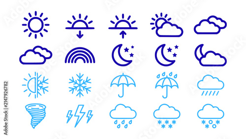 Outline weather symbols including sun, moon, clouds, rain, snow, and lightning on transparent background.