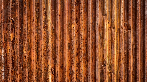 Weathered corrugated metal surface featuring deep orange rust patterns and distressed vertical texture industrial background with heavily oxidized corrugated