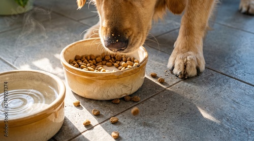 Golden dog muzzle and forepaws at a chipped stoneware bowl with kibble scattered across sunlit kitchen tiles and ripples in the water dish, representing pet feeding nutrition and daily care concept