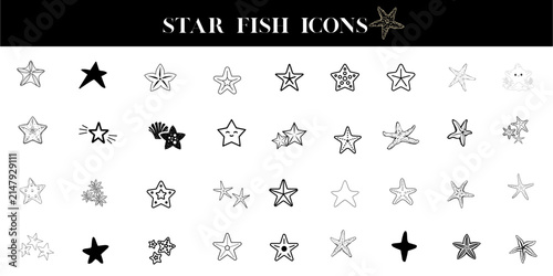 Starfish Icons Set, Hand Drawn Sea Star Line Art Vectors