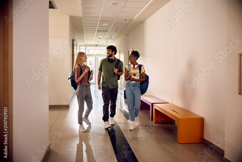 Multiracial group of happy students communicating at university.