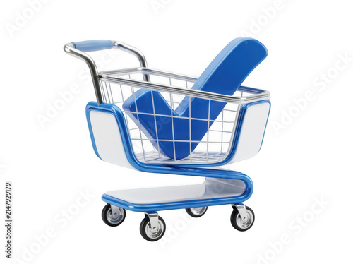 Shopping cart with blue check mark. Concept of successful online purchase and order.