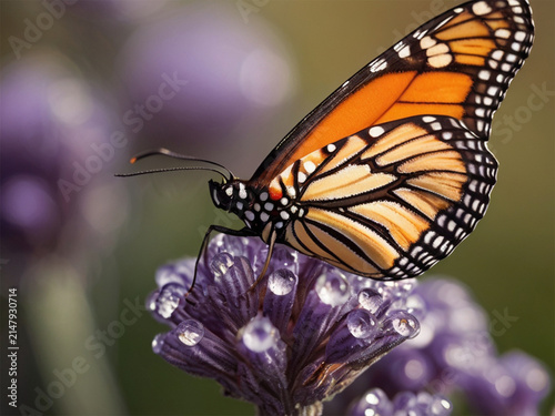 Close up of a detailed monarch butterfly on a purple flower with water droplets