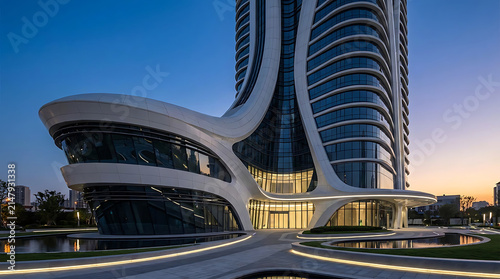 Futuristic Skyscraper Design: A stunningly modern skyscraper with flowing, organic lines and a sleek, white facade stands majestically against a twilight sky.
