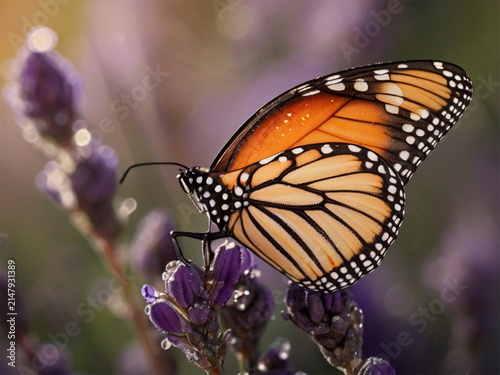 Close up of a beautiful orange monarch butterfly in a blooming lavender field
