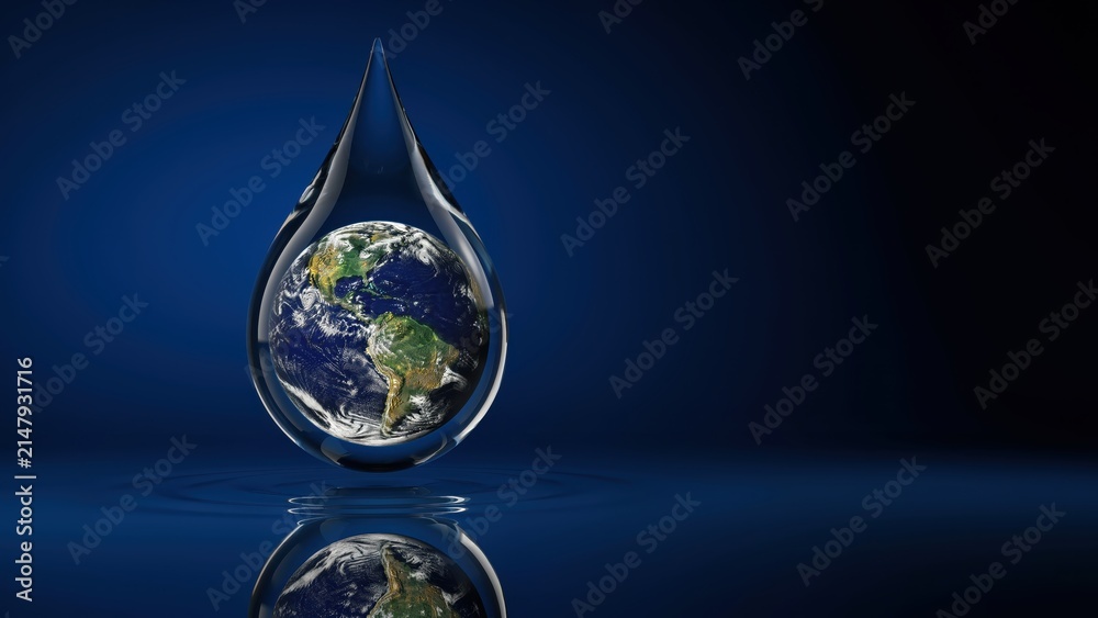 Obraz premium Crystal water drop containing planet earth, environmental conservation concept on dark blue background, global water resource protection