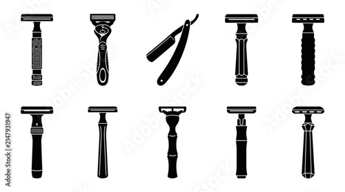 Razor Silhouette Icon Set Collection of Barber and Shaving Tools