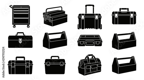 Toolbox Silhouette Icon Set Vector Illustration of Various Hardware Cases