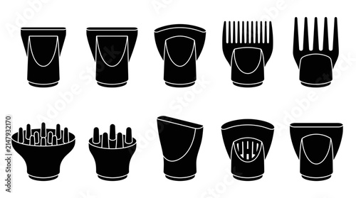Hair Dryer Nozzle Attachments Silhouette Set Vector Icons Collection
