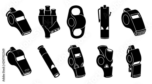 Sports Whistle Vector Silhouette Set with Coach and Referee Gear Icons